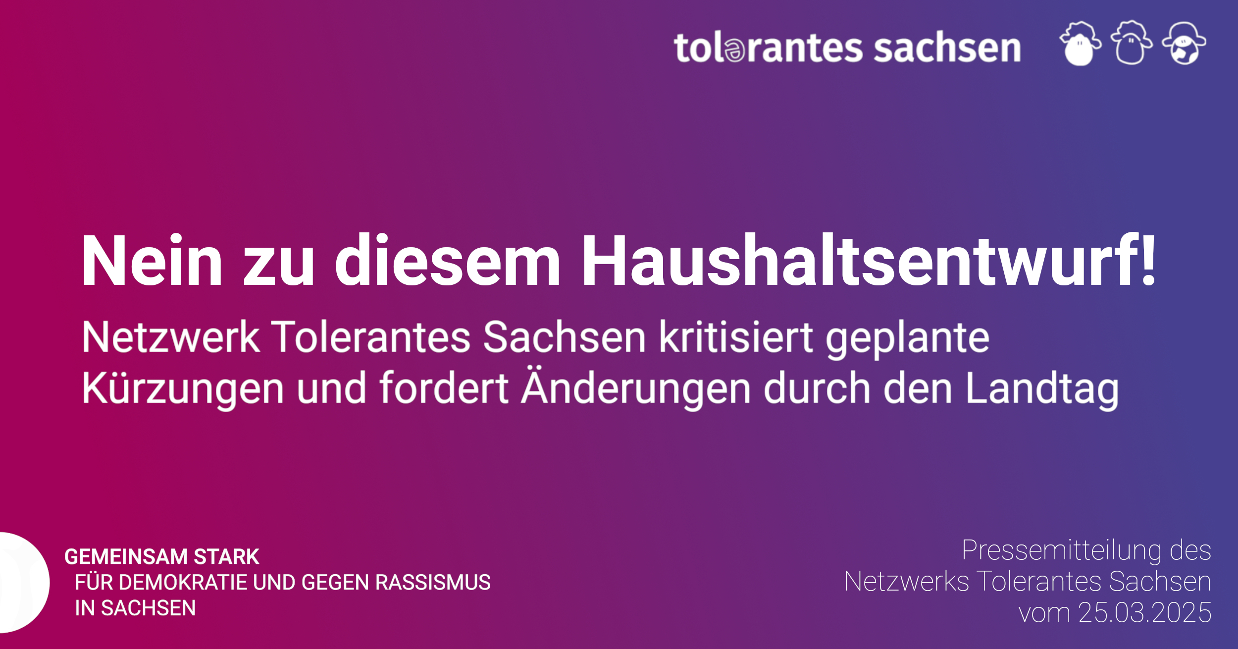 Pressemitteilung vom 25.03.2025: Nein zu diesem Haushaltsentwurf! Netzwerk Tolerantes Sachsen kritisiert geplante Kürzungen im Demokratie- und Integrationsbereich und fordert Änderungen durch den Landtag